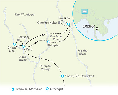Bhutan walking and hiking tour map
