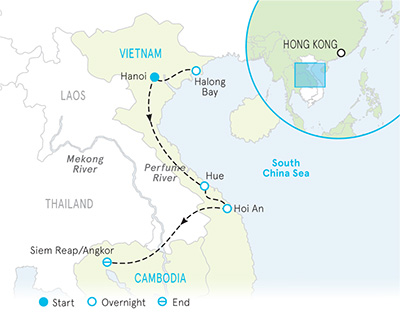 Vietnam and Cambodia walking and hiking tour map