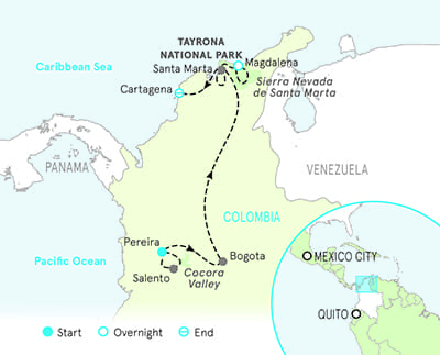 Colombia Walking and Hiking Tour Map