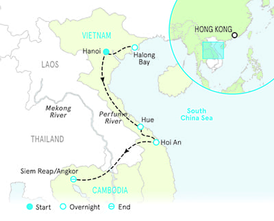 Vietnam and Cambodia walking and hiking tour map